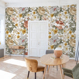 "Mia (White) Wallpaper by Wall Blush adorning a stylish dining room wall, vibrant floral design focus."