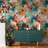 "Vibrant Zinnia Wallpaper by Wall Blush decorating the living room, showcasing floral design and modern furniture."