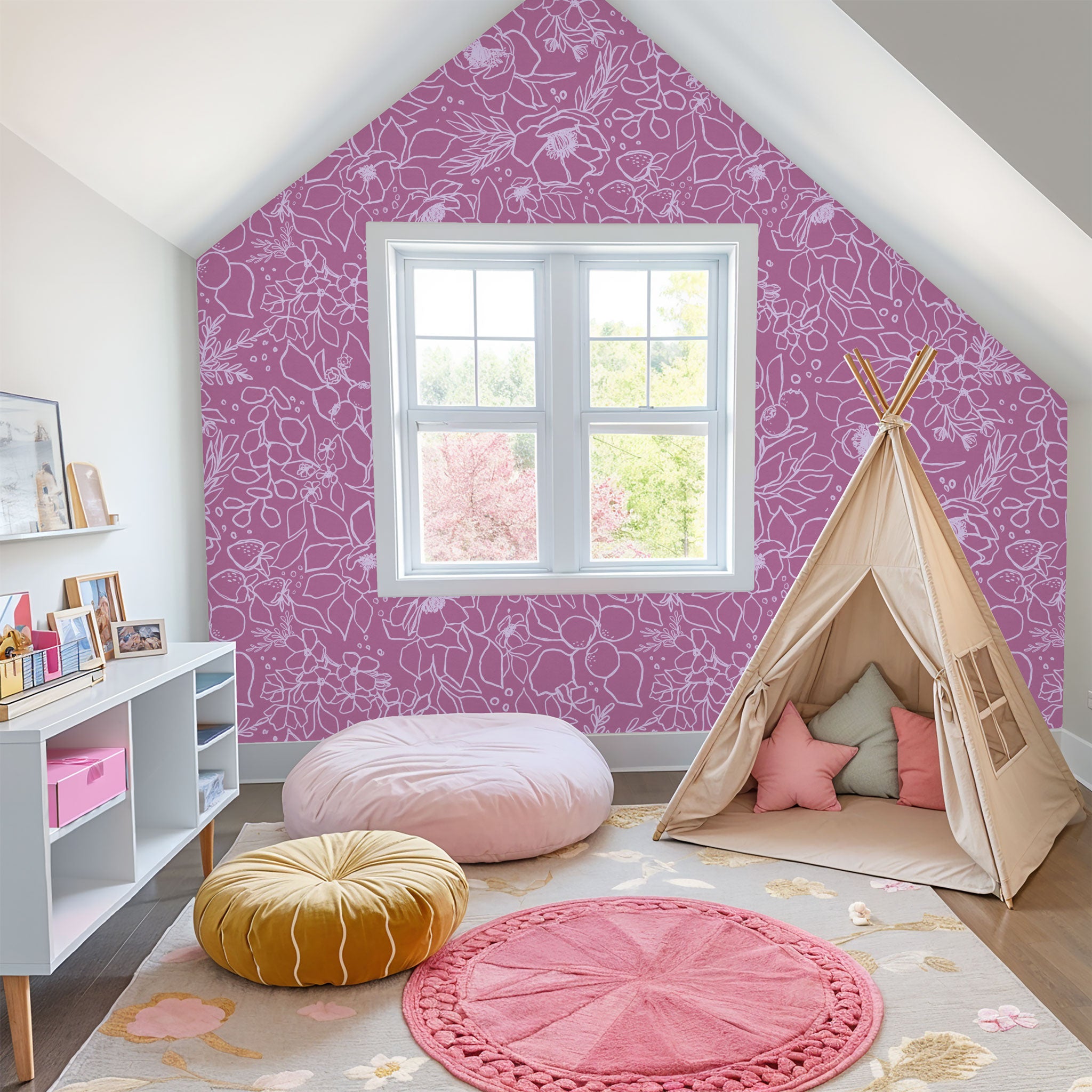 "Wall Blush's Paige (Pink) Wallpaper accentuating a cozy children's room with playful decor and natural light."