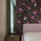 "Ivy Wallpaper by Wall Blush in cozy bedroom, floral design focus with elegant furnishings."