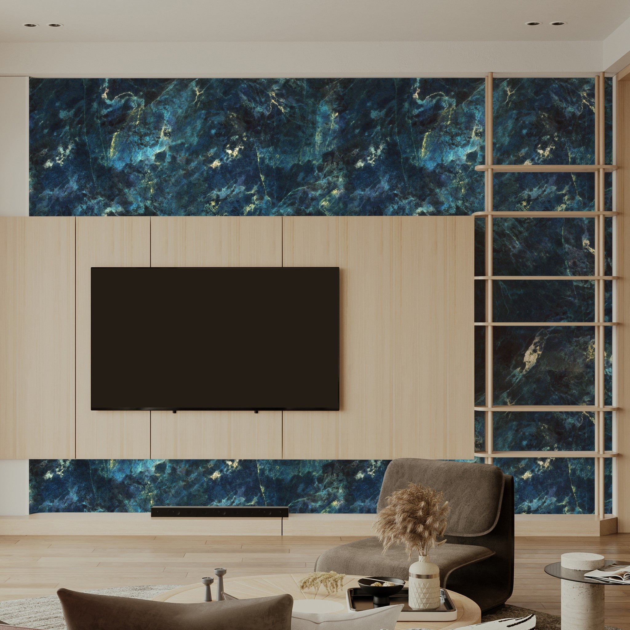 "Baudelaire Wallpaper by Wall Blush featured in modern living room, enhancing space with a vivid blue pattern focus."