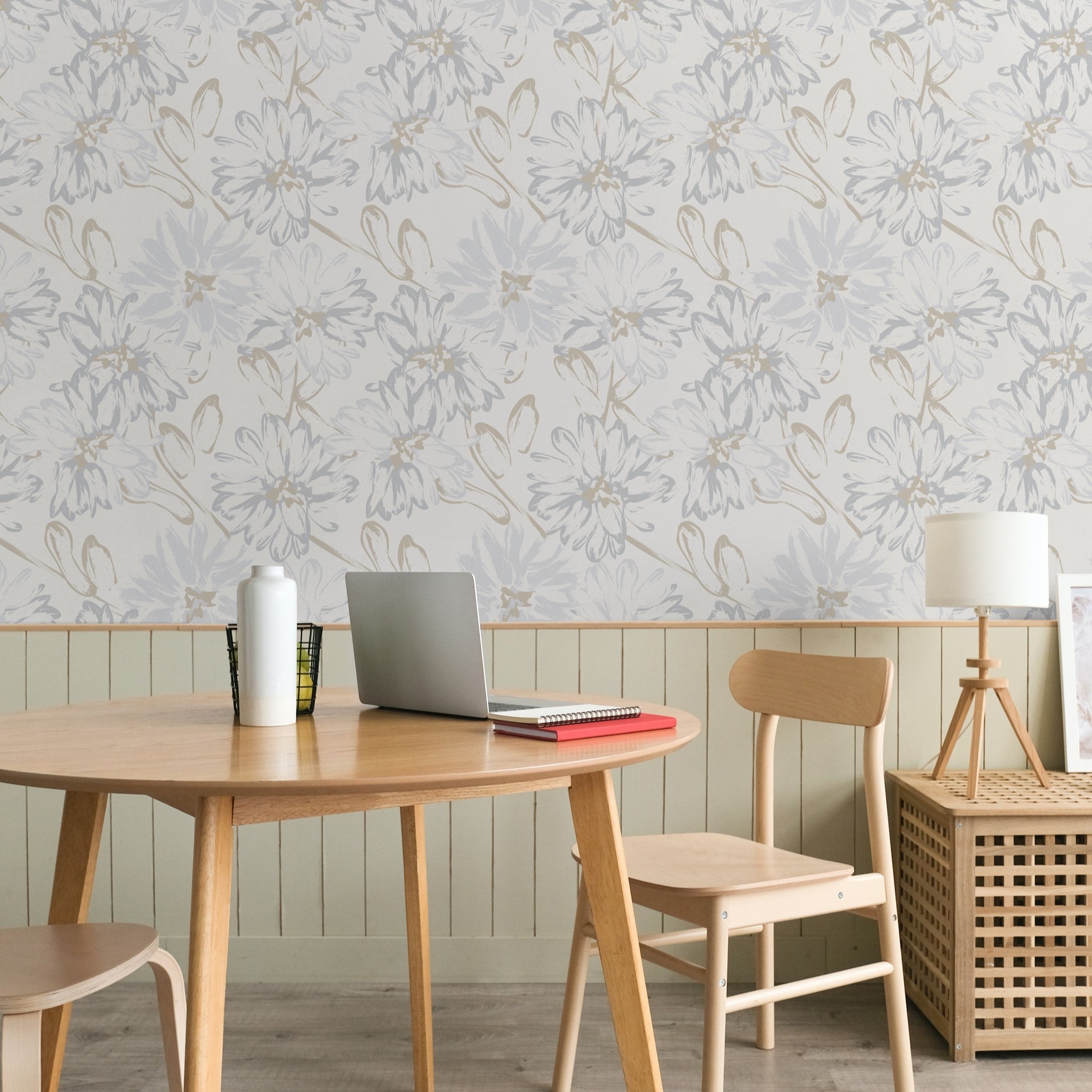 "Wall Blush's 'Something Blue Wallpaper' showcased in a modern home office, highlighting the elegant wall design."