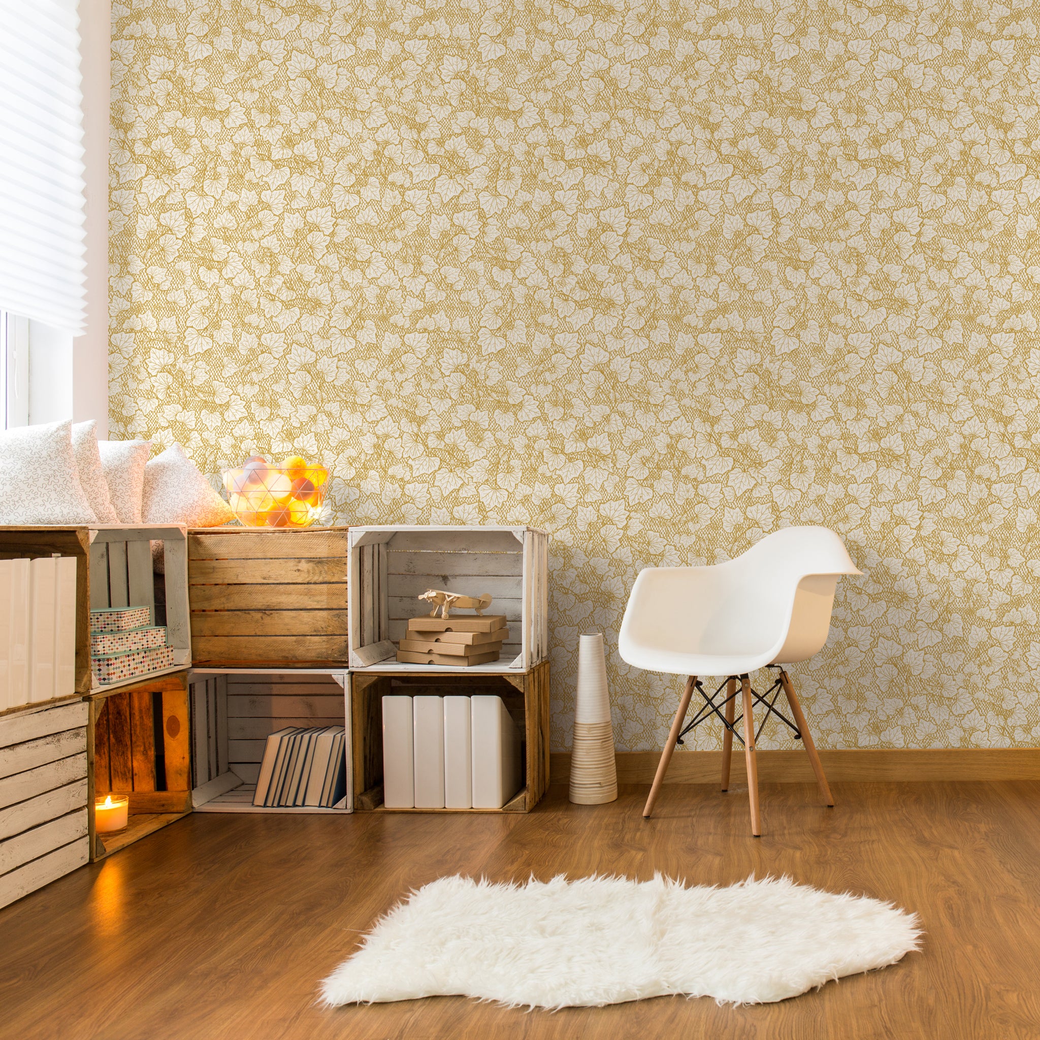 "Heath Wallpaper by Wall Blush in cozy living room, accentuating walls with elegant patterns."