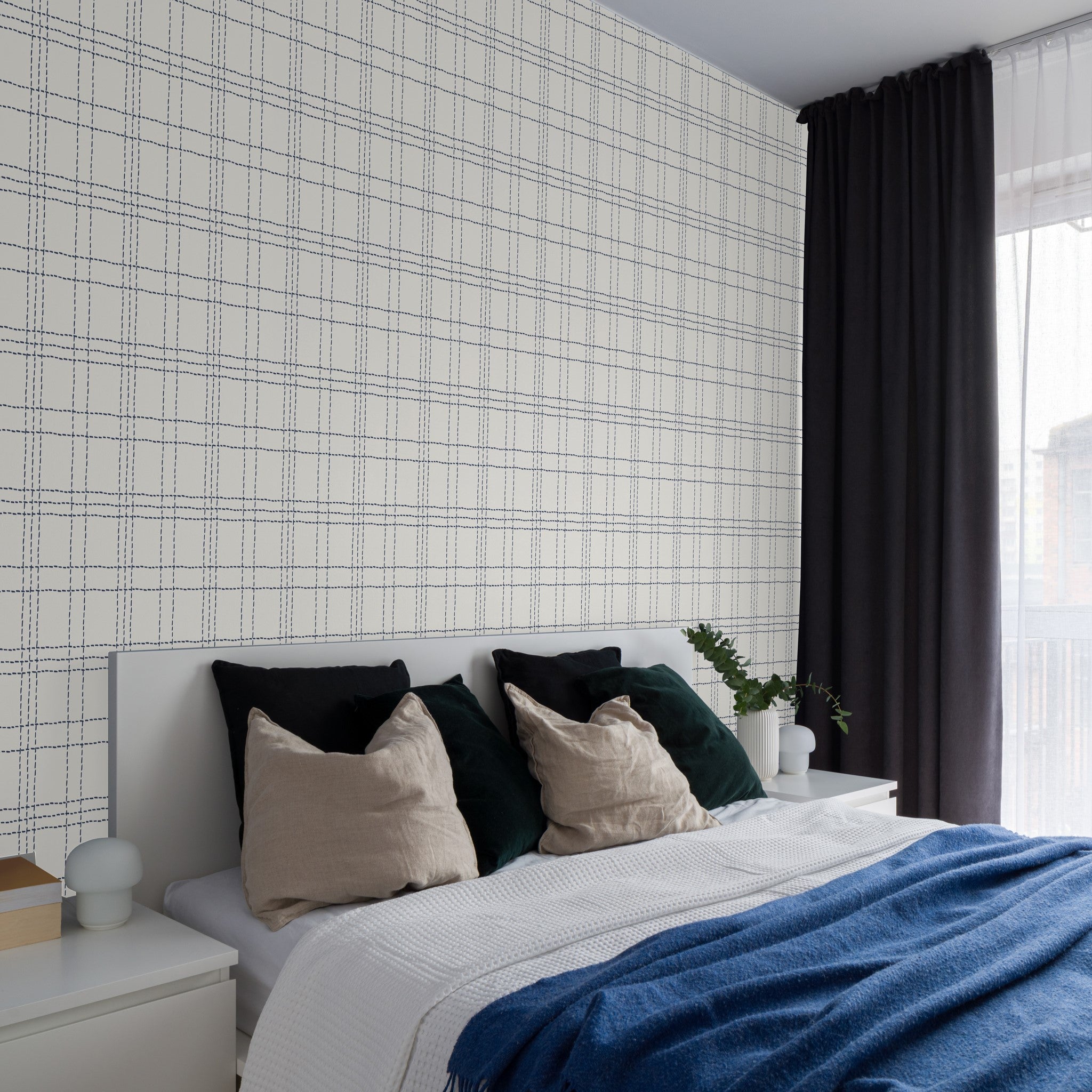 "Modern Jovie Wallpaper by Wall Blush in a stylish bedroom setting, highlighting the intricate pattern and decor."