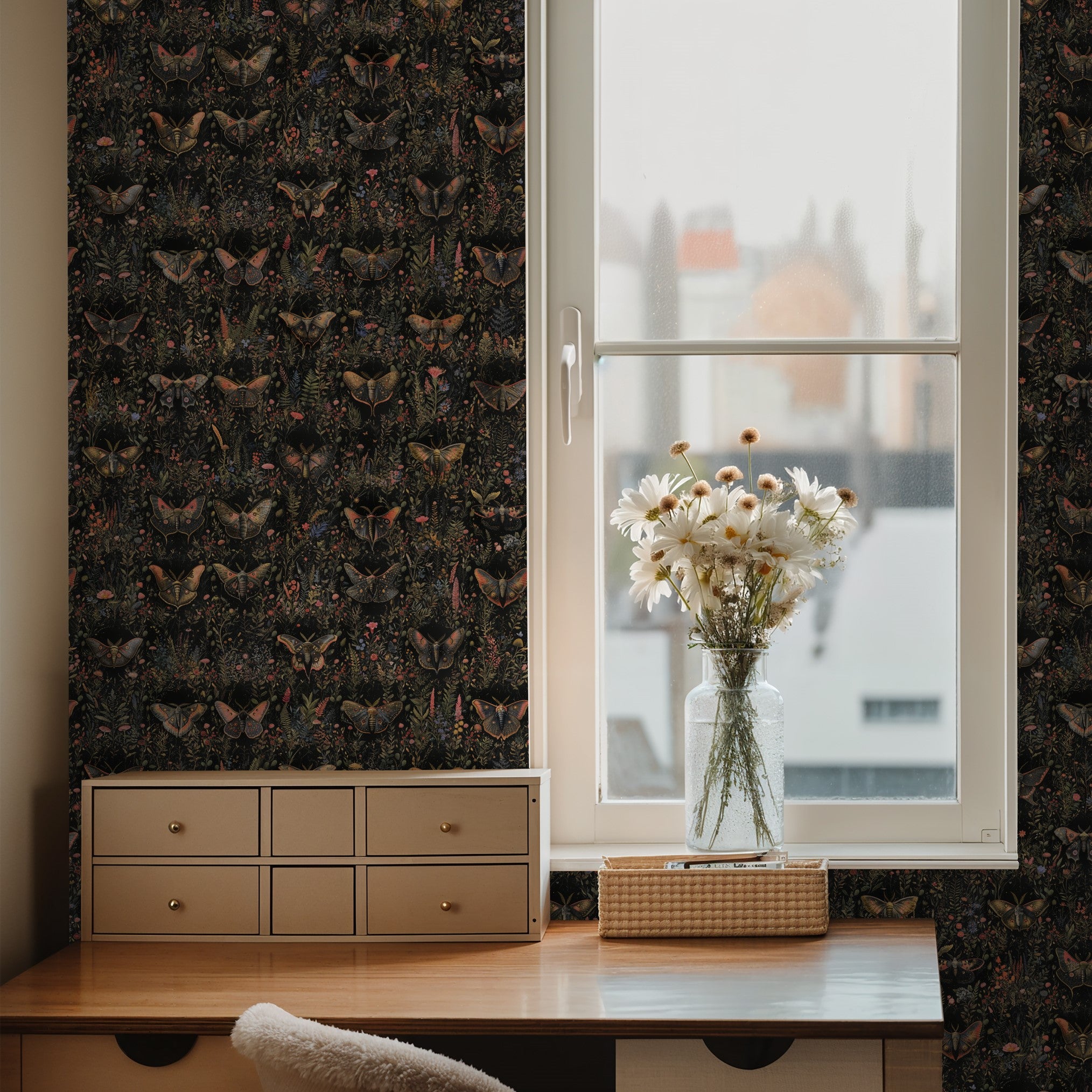 Elegant Papillon Wallpaper by Wall Blush enhancing a cozy room with a window view, focus on the stylish wall decor.