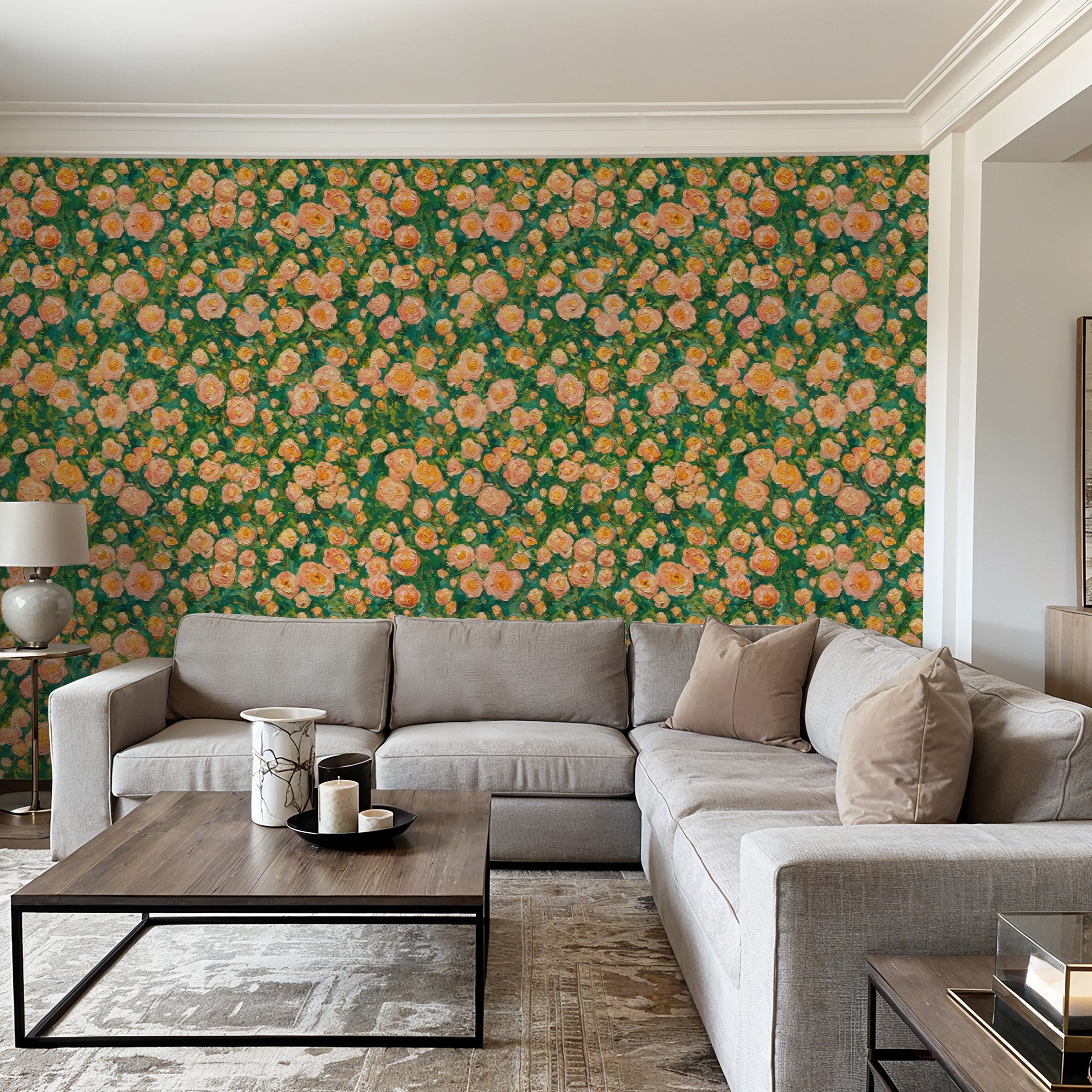 "Wall Blush's Spring Serenade Wallpaper enhancing a modern living room interior, focus on floral design."