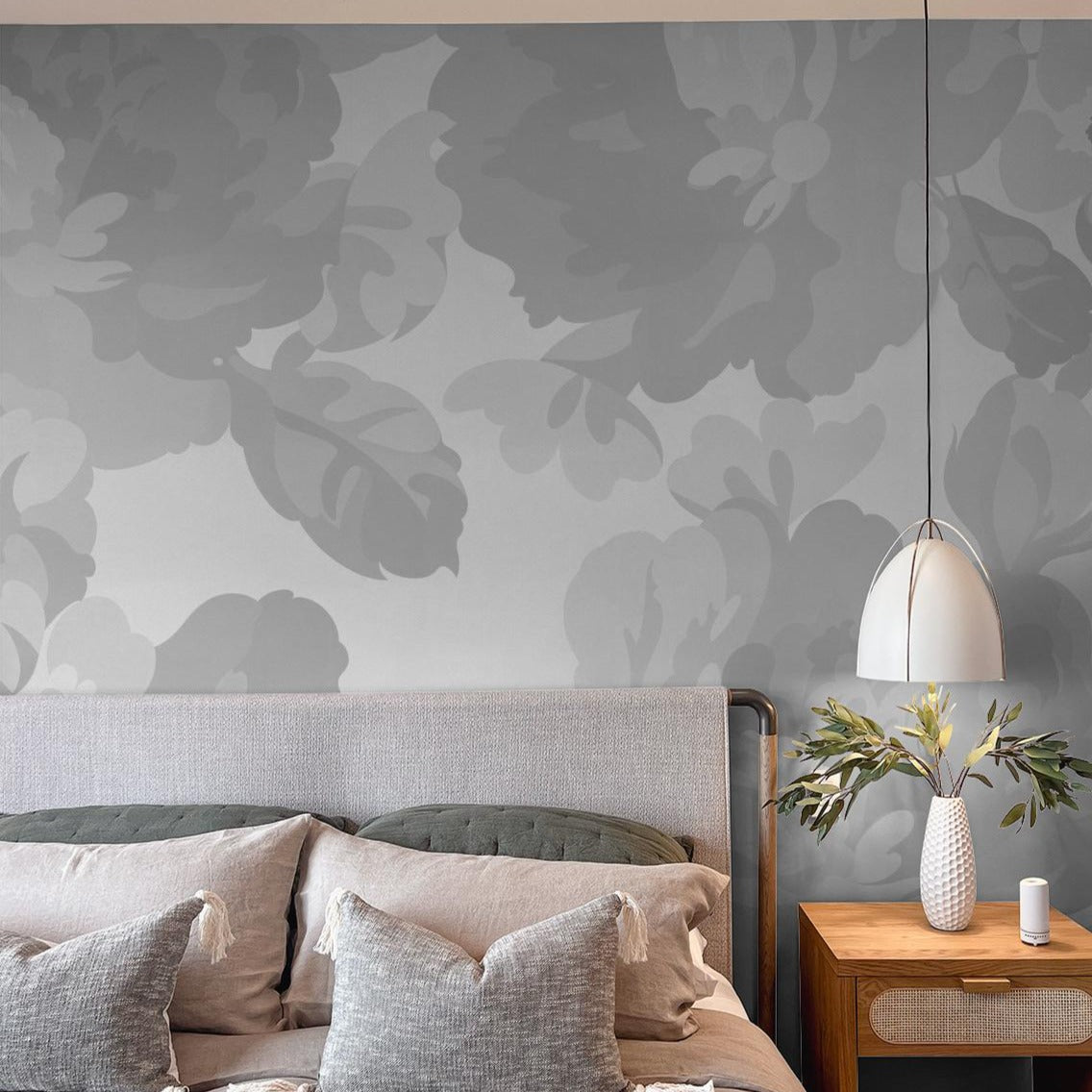 "Terra Bloom (Gray) Wallpaper by Wall Blush in a modern bedroom, with focus on elegant botanical design."