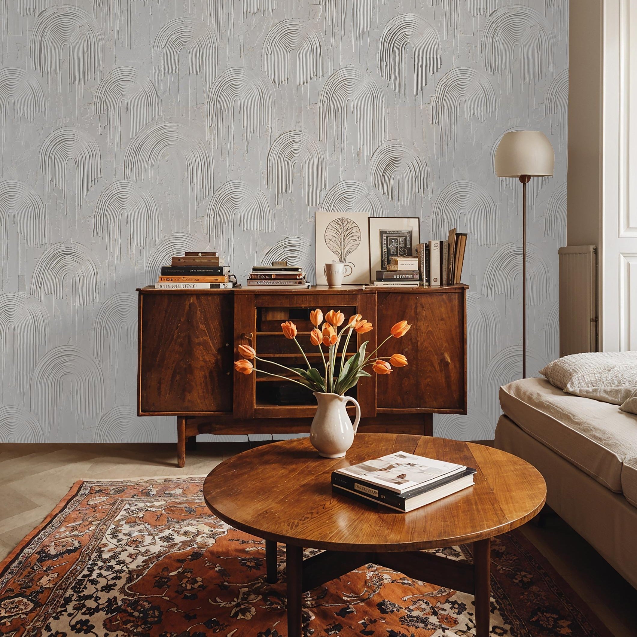 "Wall Blush Zen Wallpaper enhancing a cozy living room's ambiance, focused on elegant wall decor."