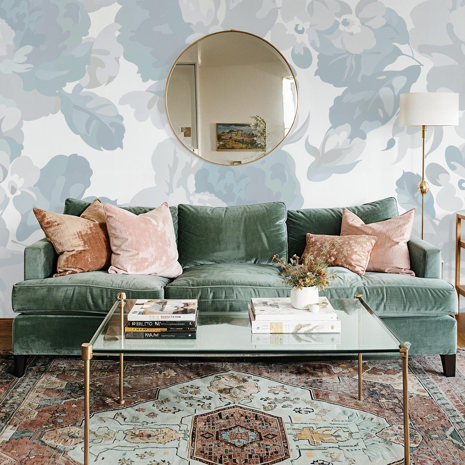 Terra Bloom Wallpaper by Wall Blush in a stylish living room with focus on design.