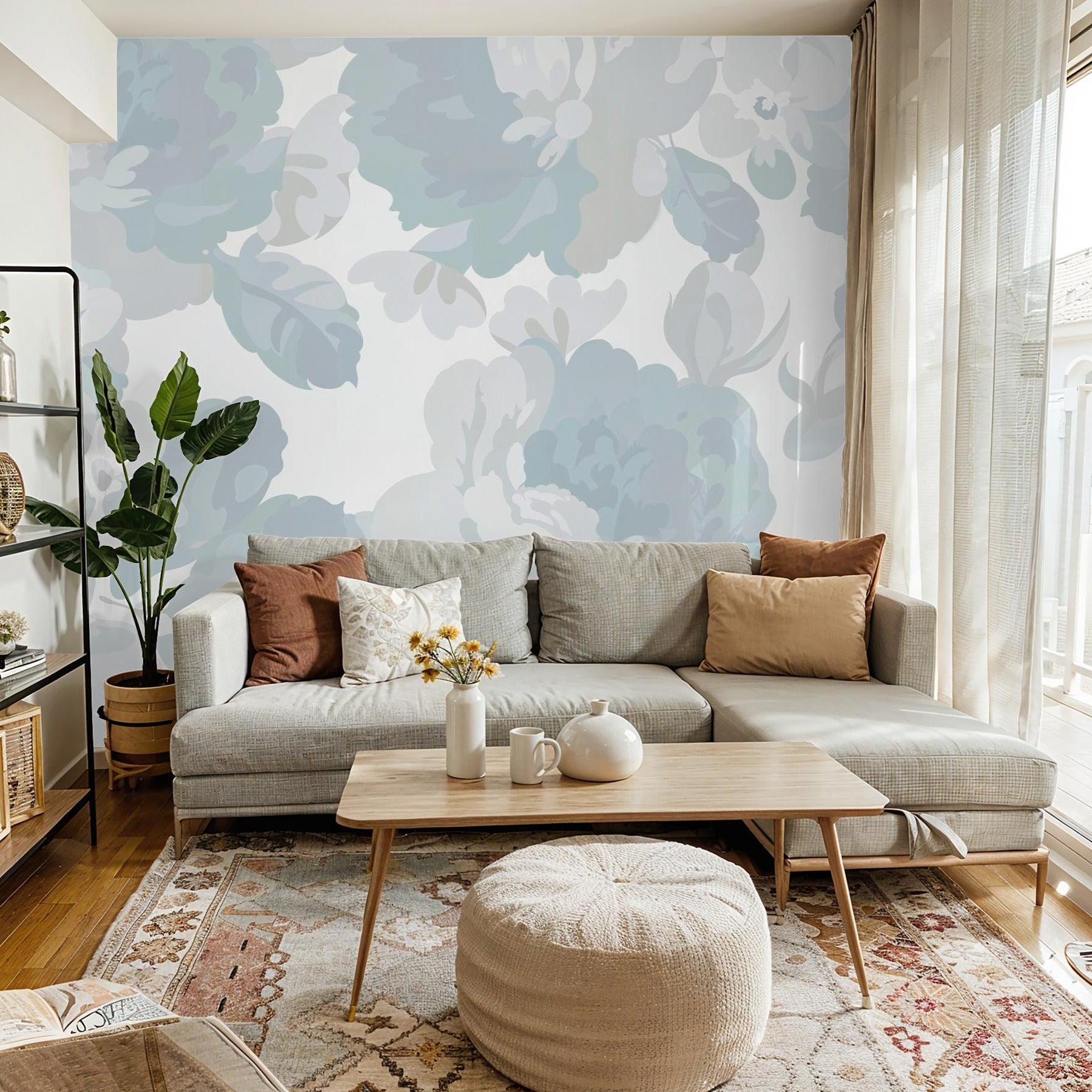 Wall Blush's Terra Bloom Wallpaper in a stylish living room, featuring a floral design as the focal point.
