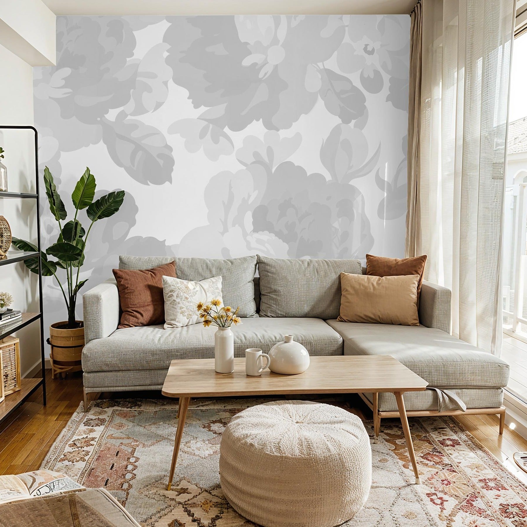 "Terra Bloom (Gray) Wallpaper by Wall Blush enhancing a modern living room decor with elegant design focus."