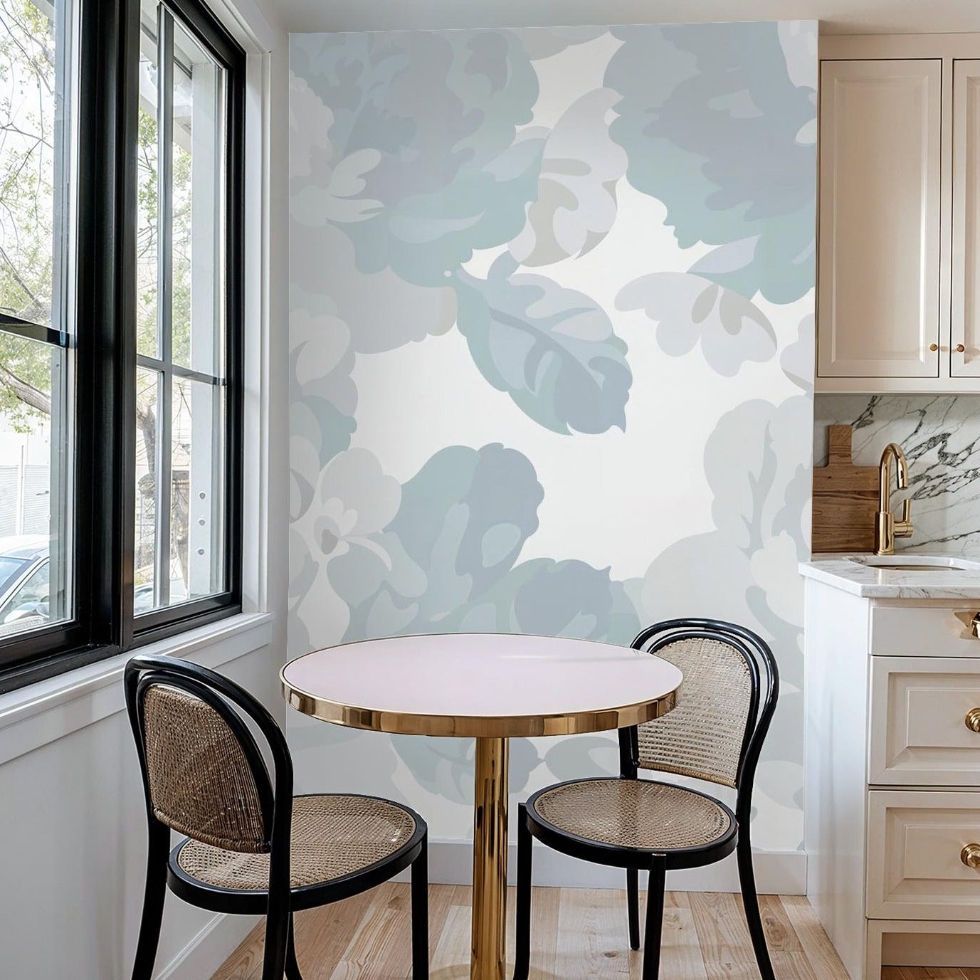 "Terra Bloom Wallpaper from Wall Blush in a stylish kitchen, with focus on floral wall design."