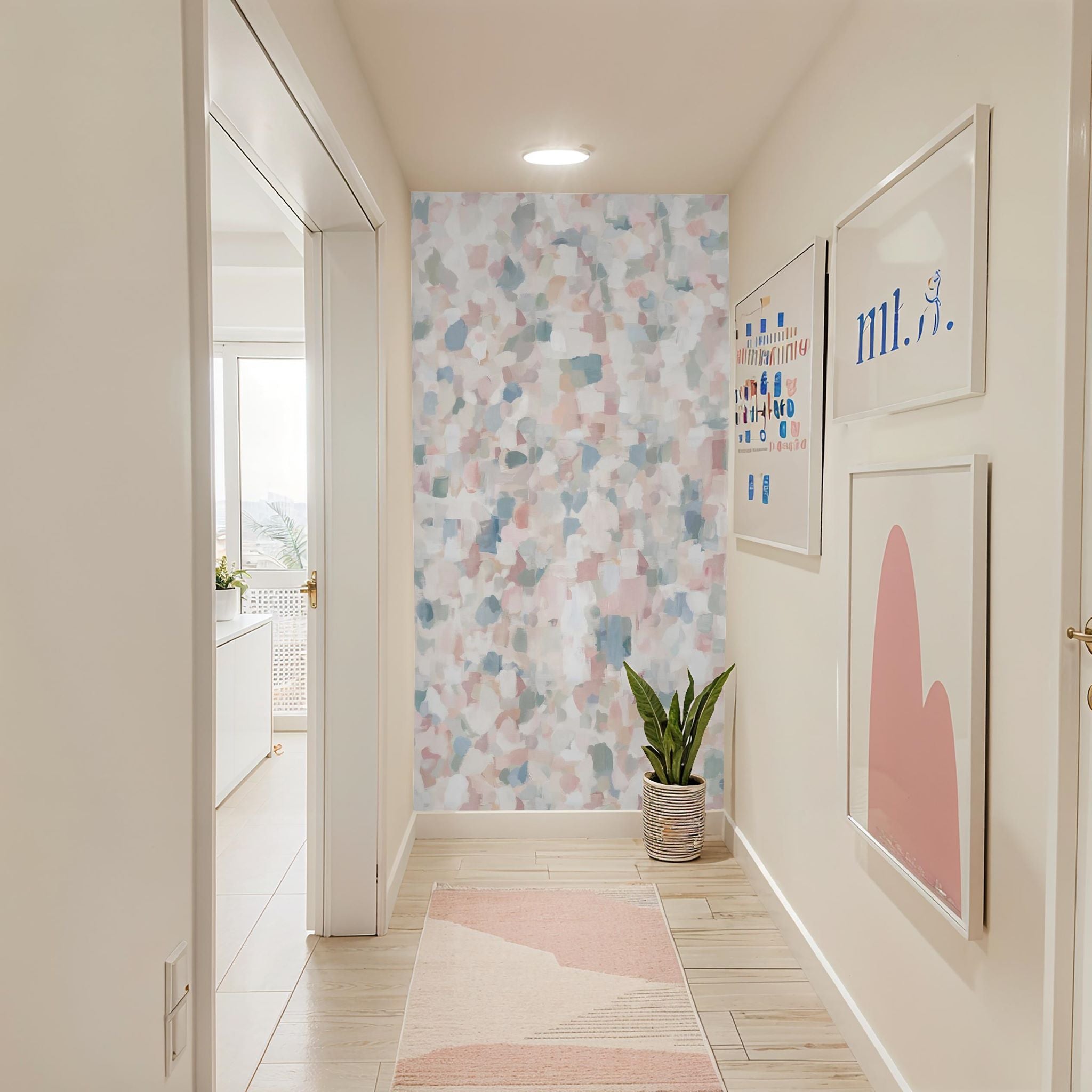 "Serenity Wallpaper by Wall Blush enhancing a hallway's aesthetic with a modern design focus."