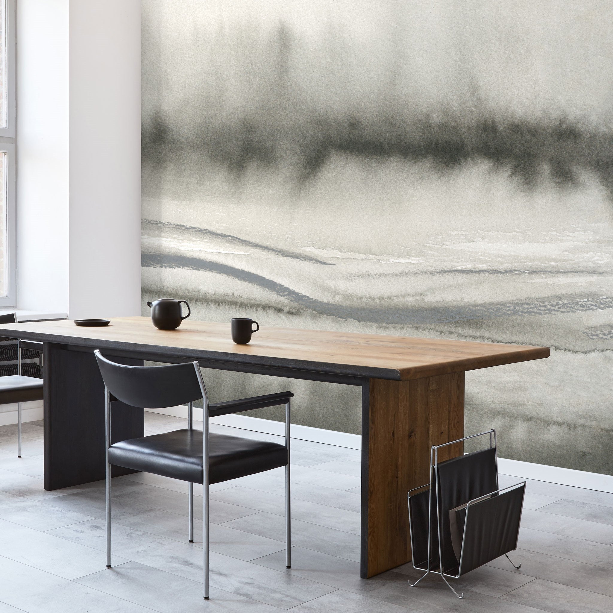 "Wall Blush Obsidian Wallpaper in a modern dining room, featuring a focus on the elegant wall design."