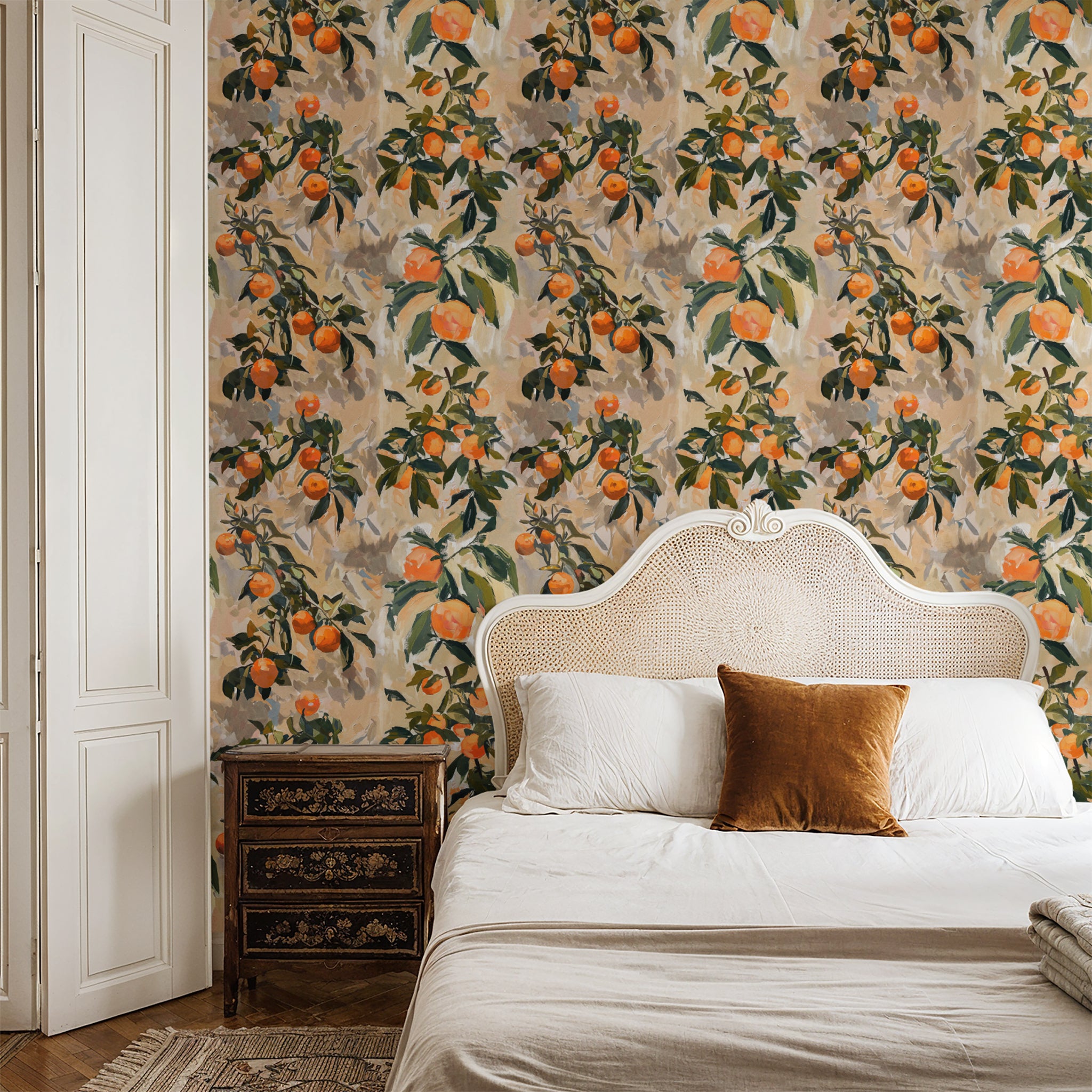 "Clementine Wallpaper by Wall Blush featured in stylish bedroom, highlighting the vibrant patterned wall decor."