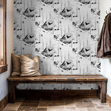"Cabin Cove Wallpaper from Wall Blush showcased in cozy, rustic entryway, creating a statement wall."