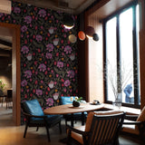 Alt: "Wall Blush Ivy Wallpaper enhancing a modern dining room interior with stylish furniture and decorative lighting."