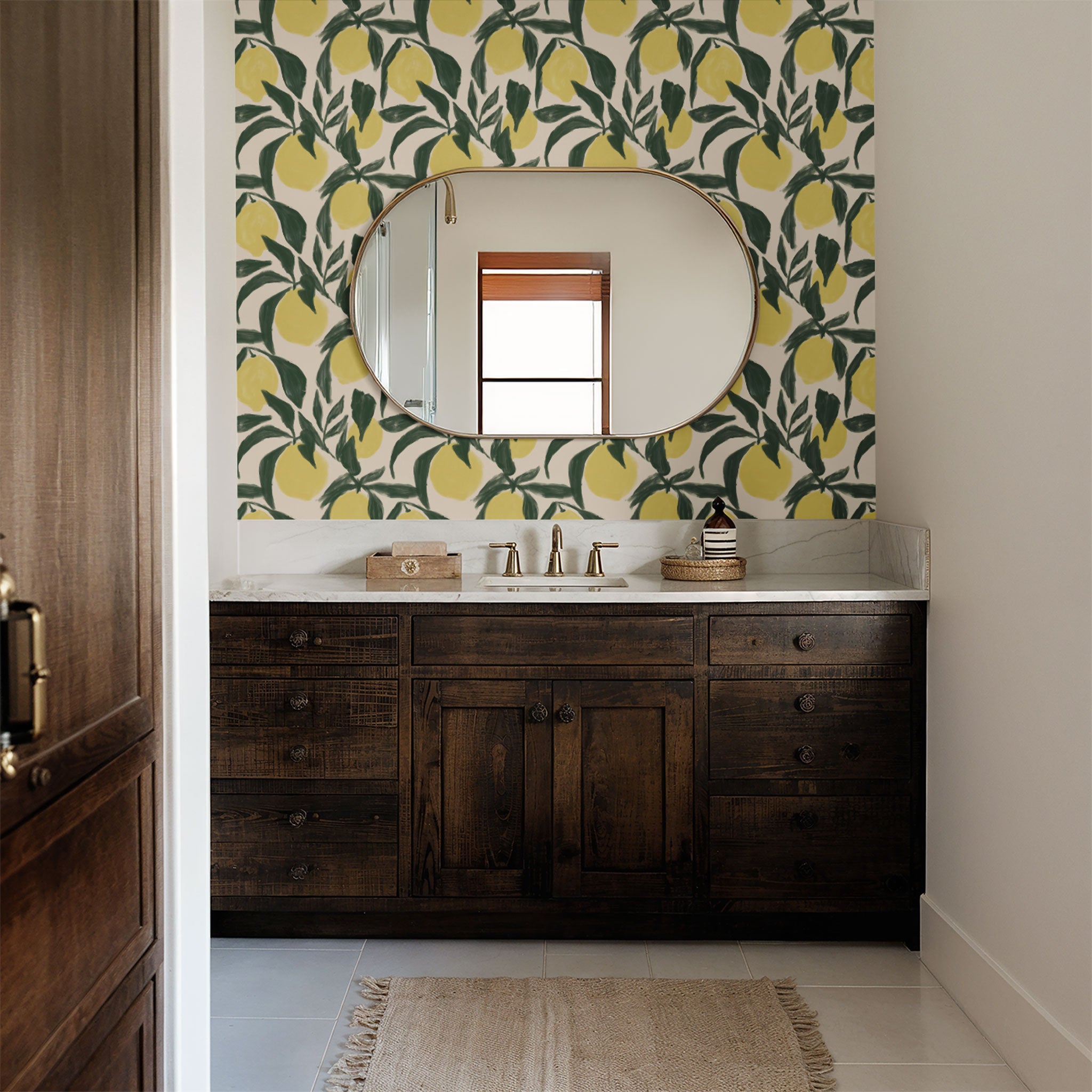 "Wall Blush Zesty Wallpaper in a stylish bathroom, yellow and green lemon pattern, focus on wall decor."