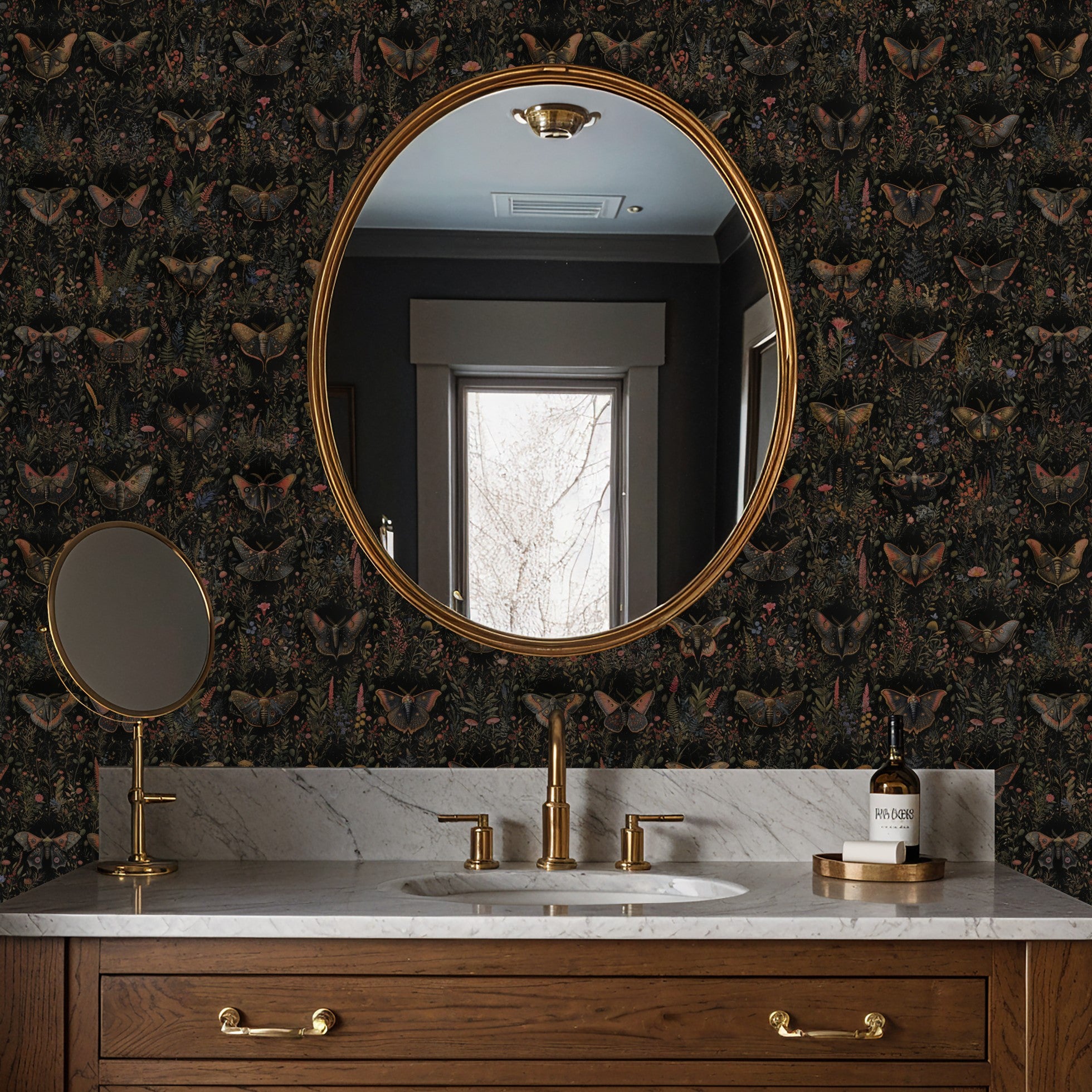 Alt: "Elegant Papillon Wallpaper by Wall Blush, highlighting the luxurious feel of a bathroom interior with golden accents."