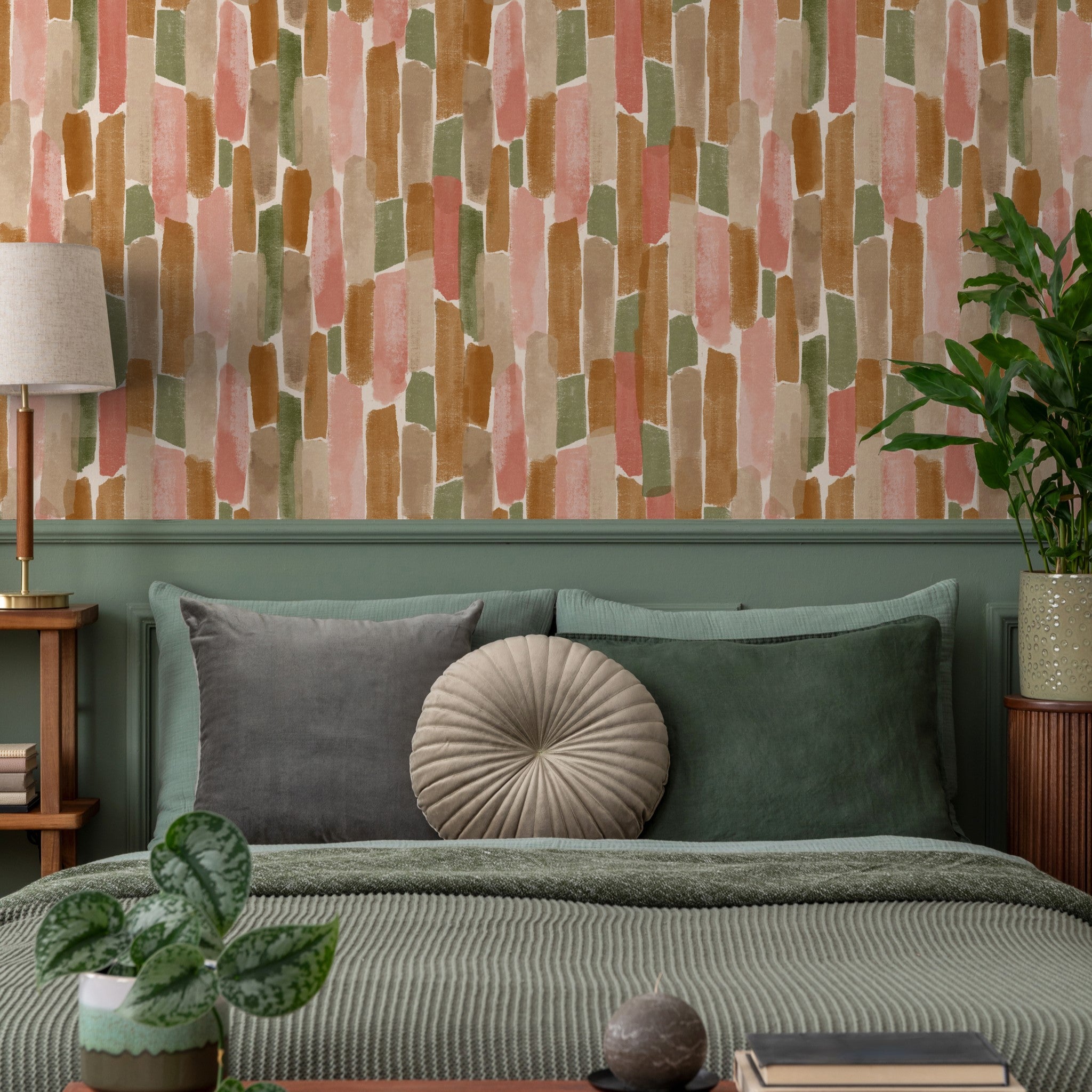 "Hewitt Wallpaper by Wall Blush in cozy bedroom setting, abstract pattern creates a warm, inviting atmosphere."