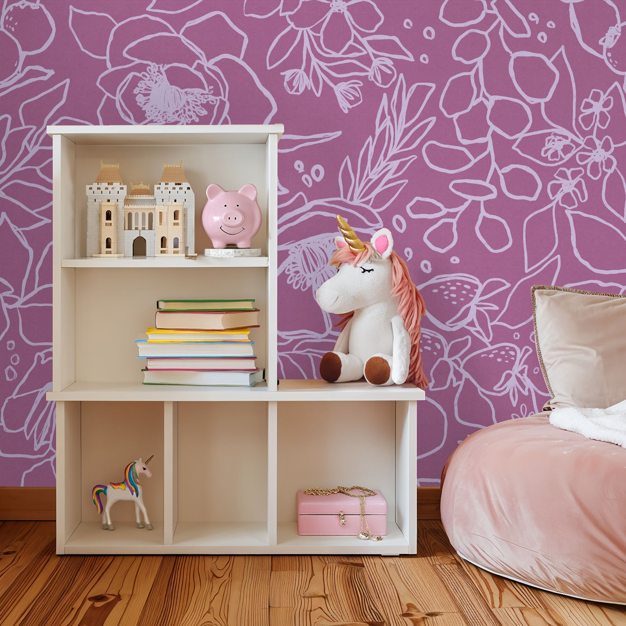 Alt: Wall Blush's Paige (Pink) Wallpaper featured in a child's room, emphasizing the vibrant floral design.