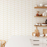 "Modern kitchen with Chevy Girl Wallpaper by Wall Blush, focus on geometric pattern wallpaper design."