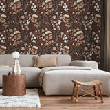 "Mushy (Maroon) Wallpaper by Wall Blush in a cozy living room, highlighting the elegant floral design."