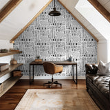 "Wall Blush Trail Blazer Wallpaper featured in stylish home office with modern decor and furniture."