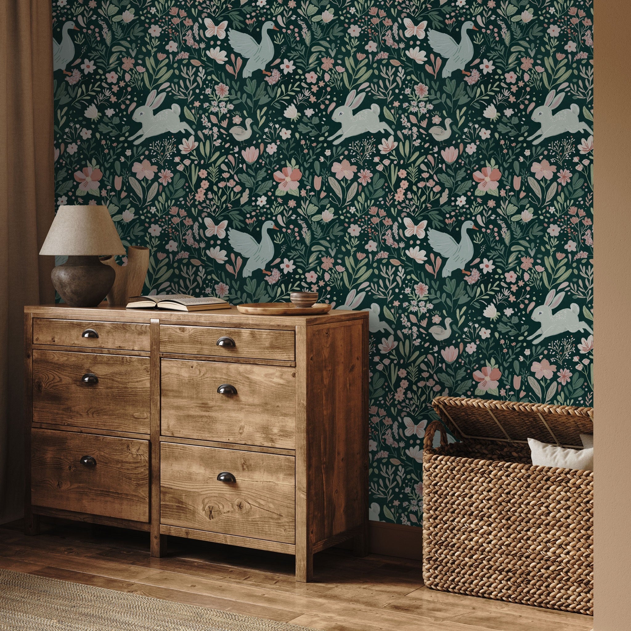 Alt: "Wall Blush's Wildwood Friends Wallpaper in a cozy, rustic bedroom setting, with a focus on the floral and fauna pattern."