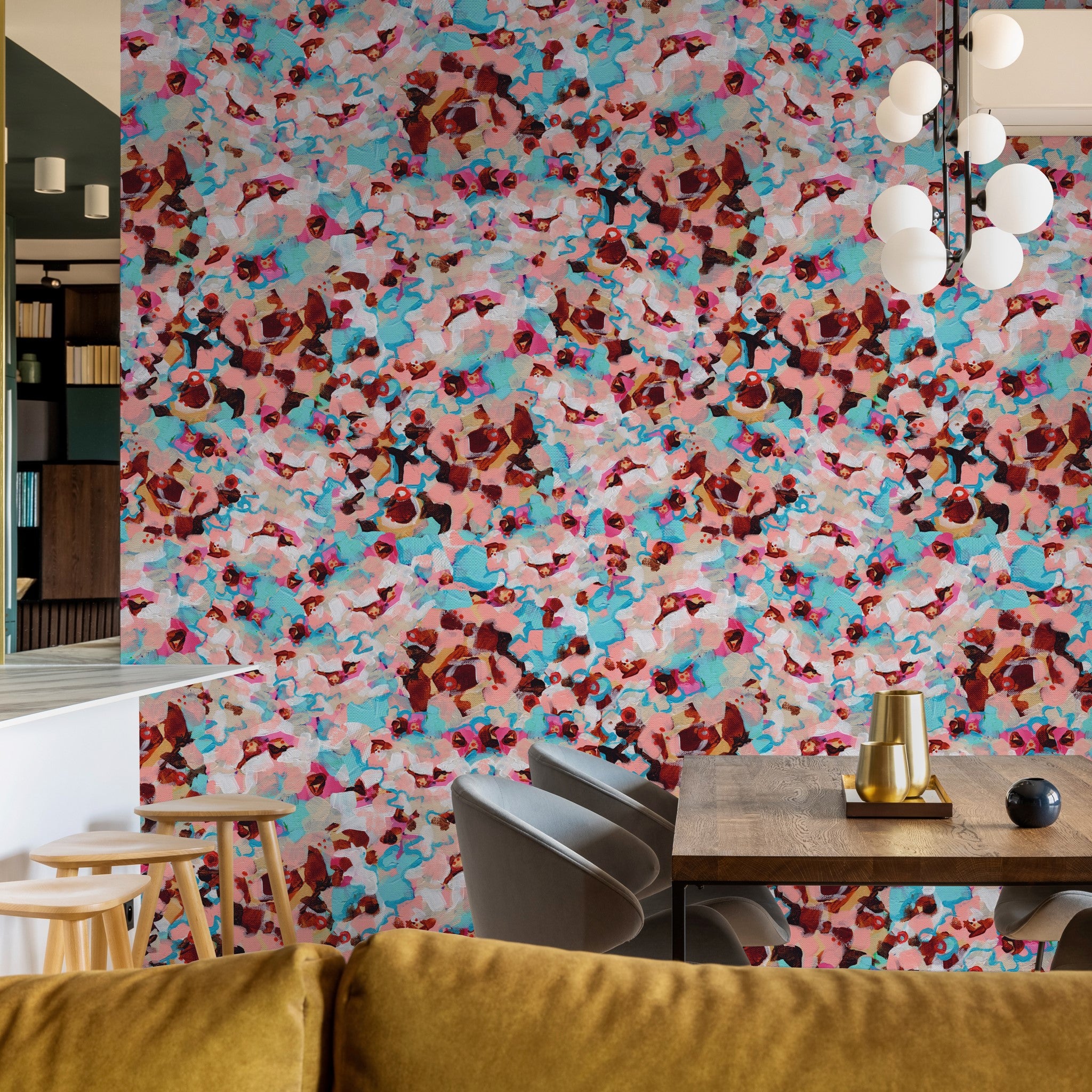 El Palo Wallpaper by Wall Blush featured in modern dining room, vibrant abstract design focus.