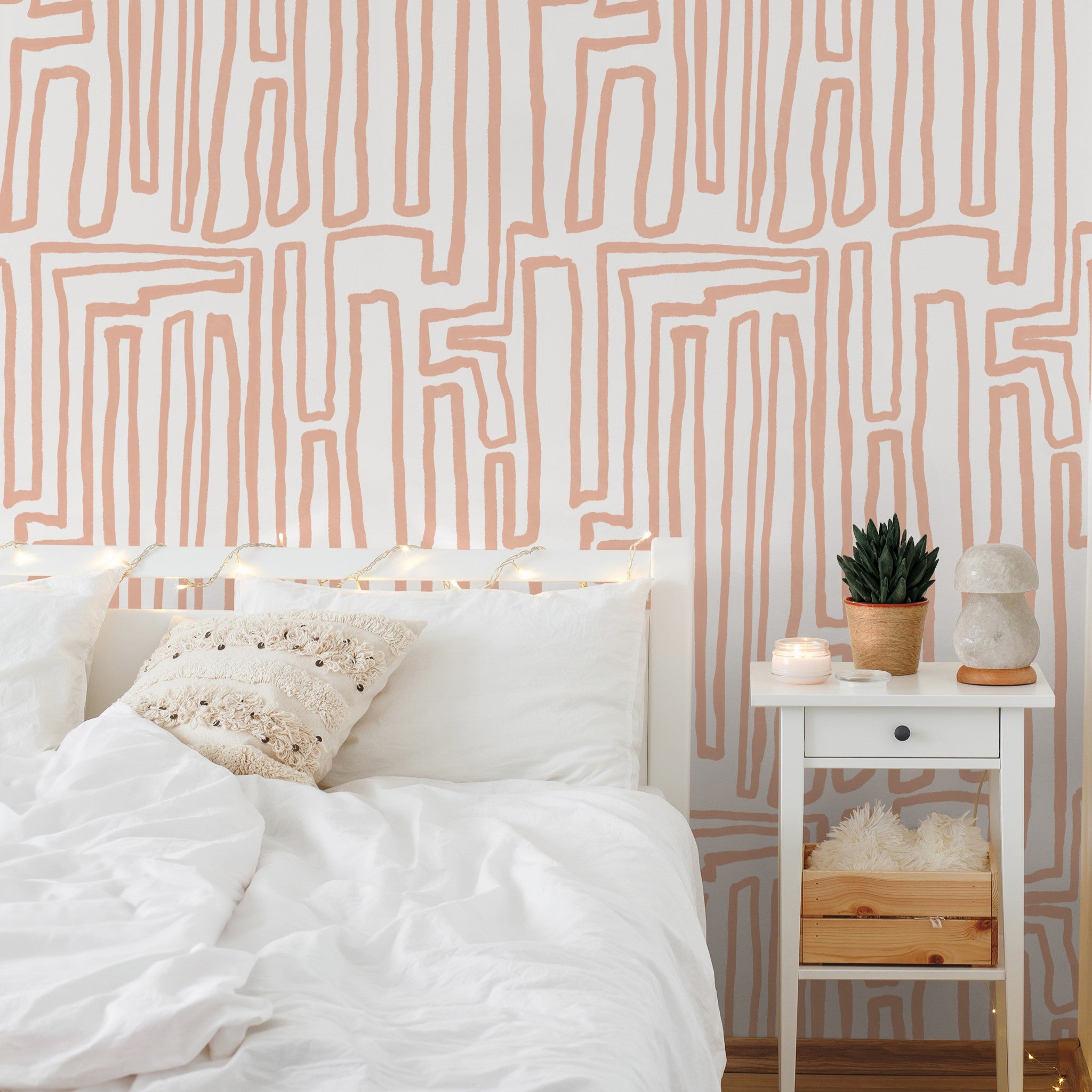 "IDK Wallpaper by Wall Blush in cozy bedroom highlighting modern abstract design focus"