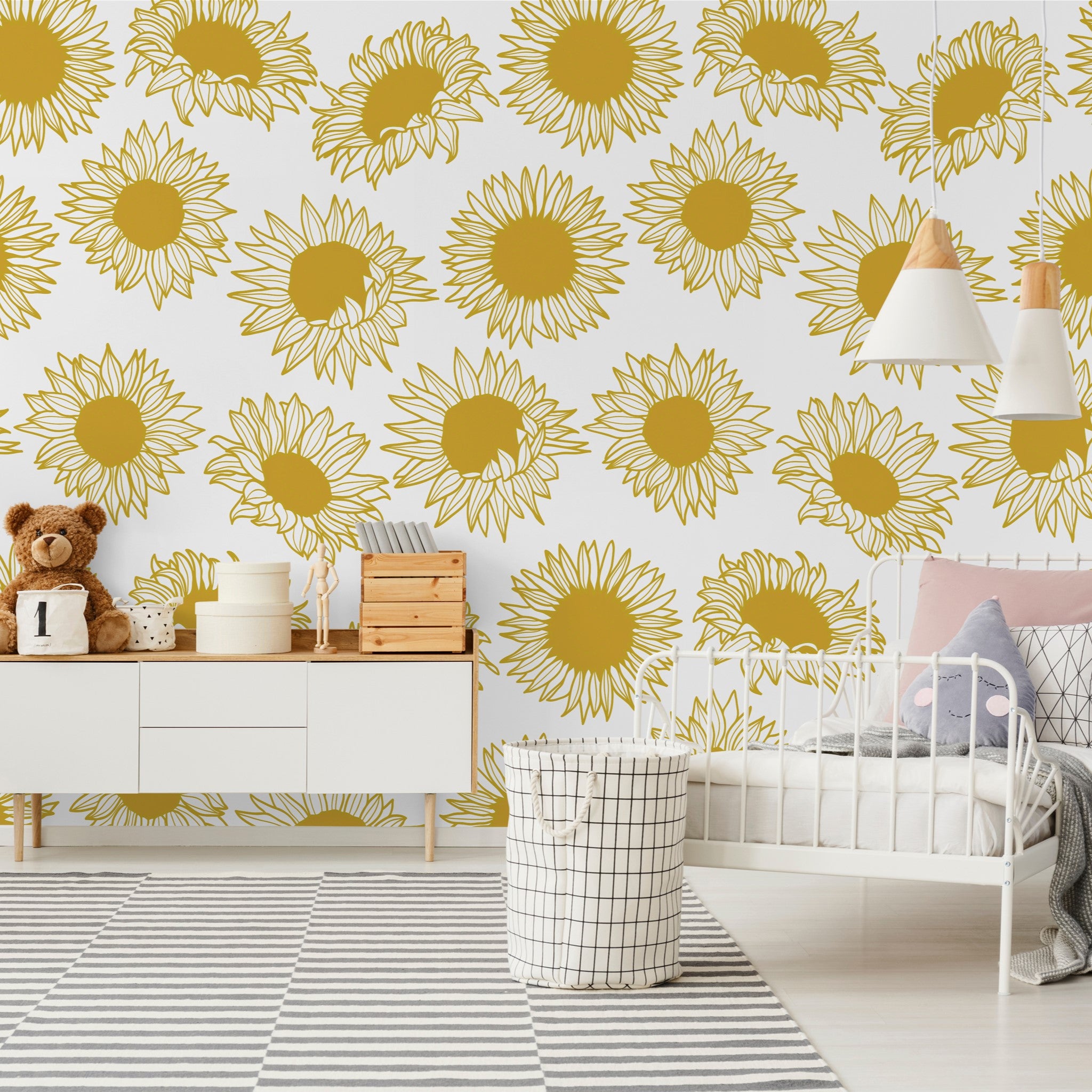 "Child's bedroom featuring bright Penelope Wallpaper by Wall Blush with yellow floral design."