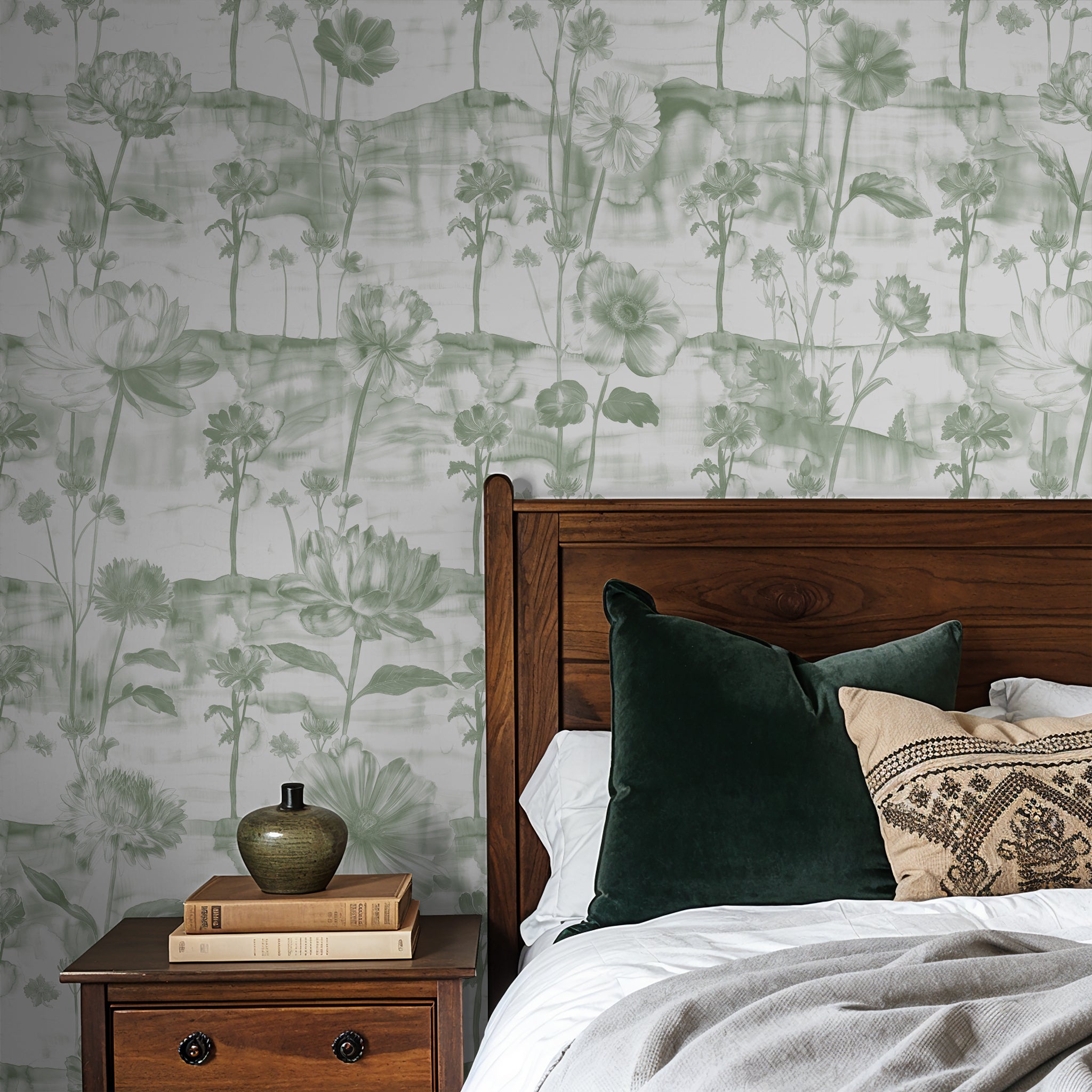 "Wall Blush's Lavina (Green) Wallpaper features in a cozy bedroom setting, highlighting the floral design."