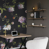 "Modern home office with Julie Wallpaper by Wall Blush, floral pattern accent wall focus."