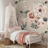 "Wall Blush's Terracotta Blooms Wallpaper adorning a cozy children's bedroom, showcasing floral elegance."