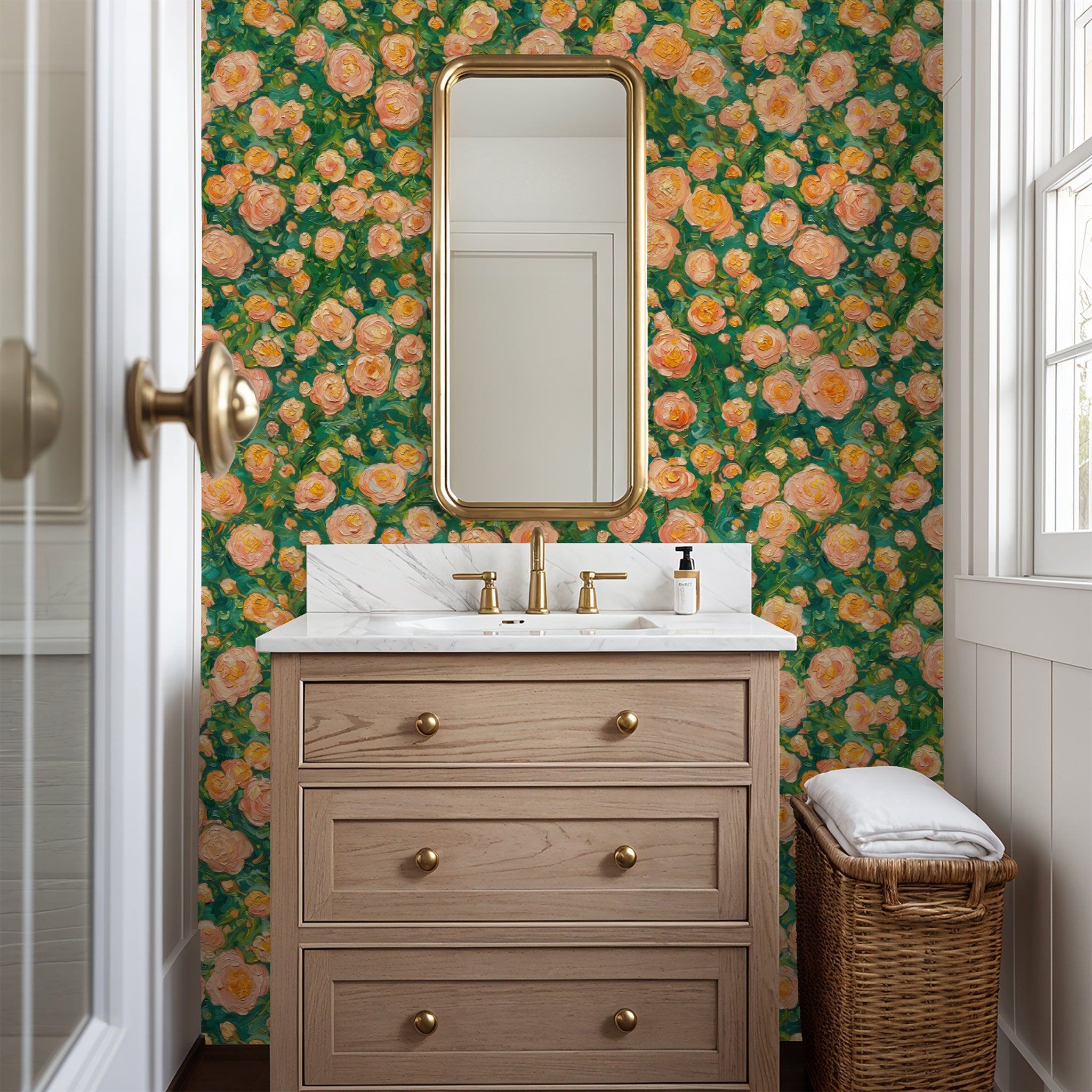 "Wall Blush Spring Serenade Wallpaper in an elegantly decorated bathroom, highlighting vibrant floral design."