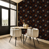 "Wall Blush Raven Wallpaper adorning a modern dining room wall, accentuating elegant interior design."