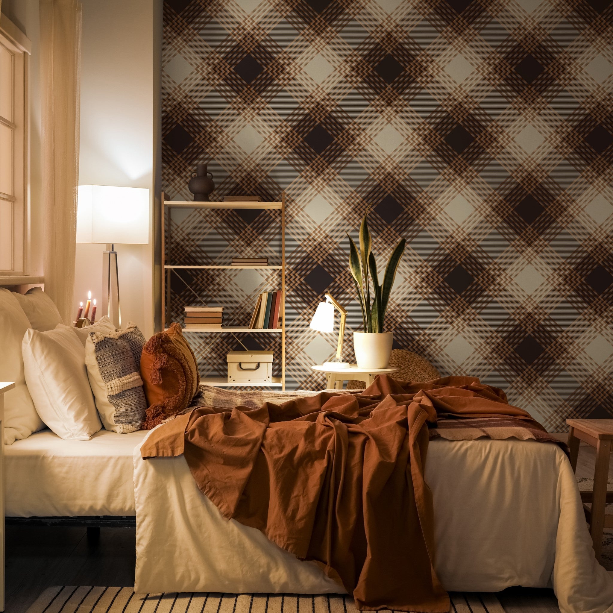 "Cozy bedroom featuring Wall Blush's Franklin Wallpaper in a classic plaid design, highlighting warm decor accents."