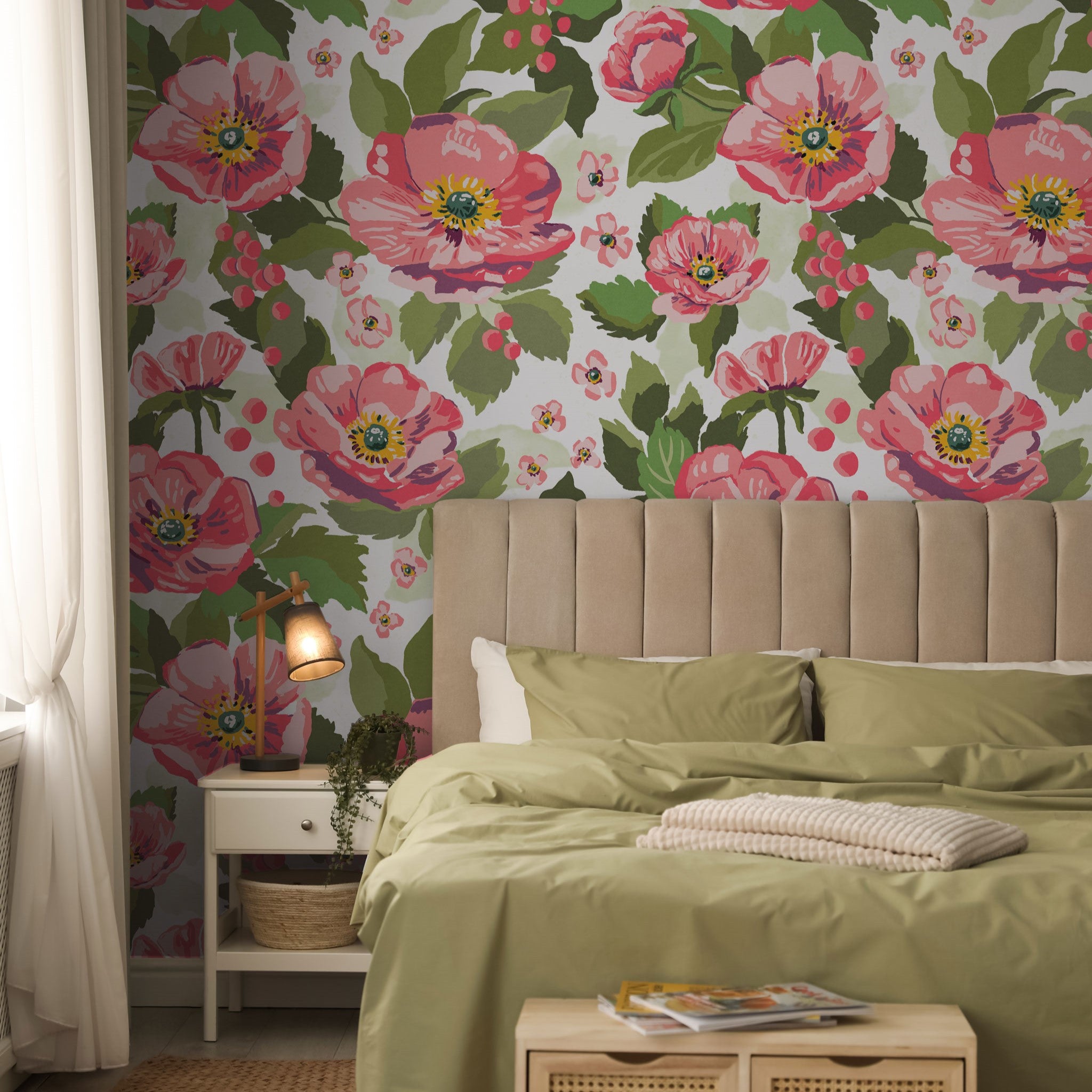 "Wall Blush Anemones Wallpaper in cozy bedroom, floral design focus, stylish home decor"
