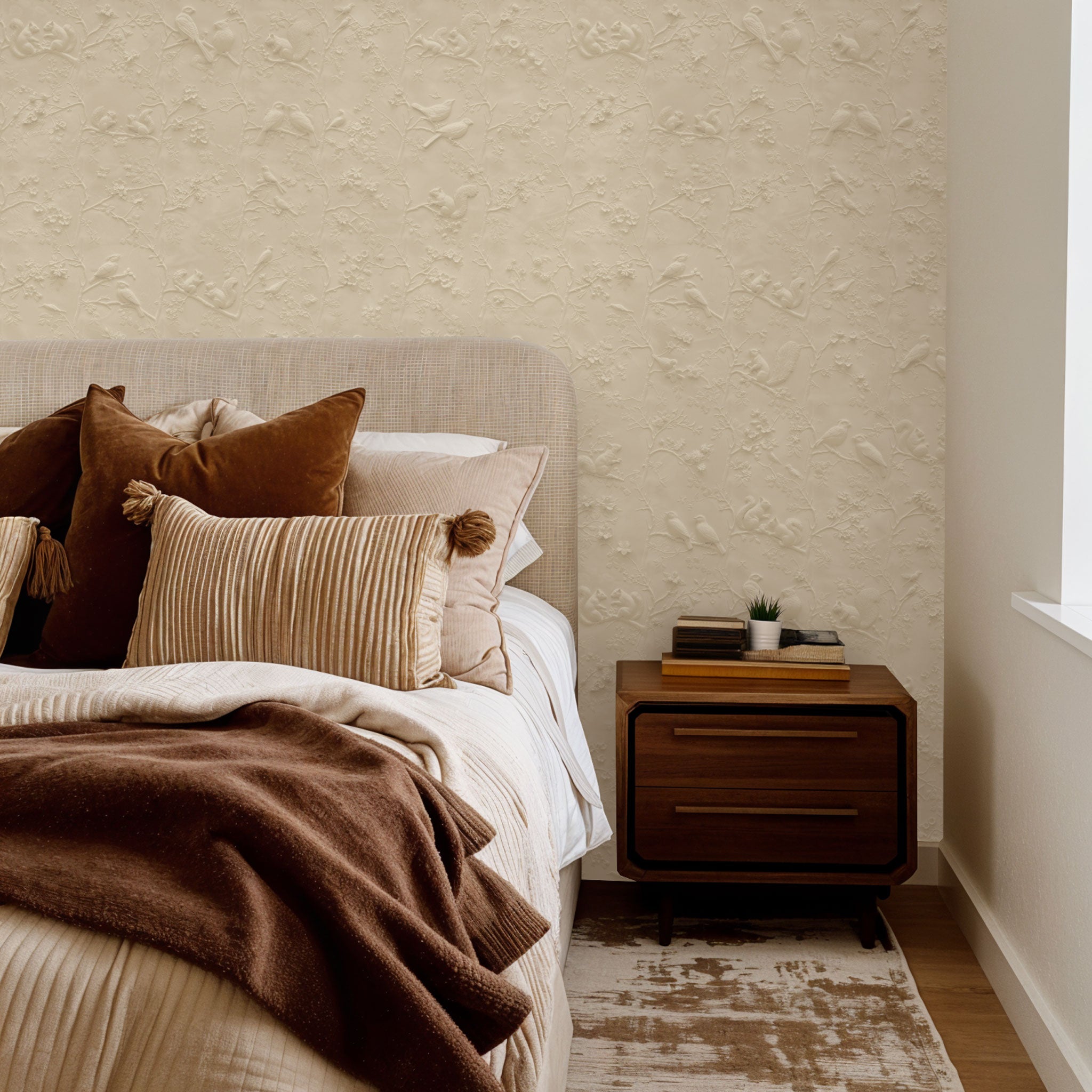 Elegant Ivory Wallpaper by Wall Blush in cozy bedroom setting, highlighting textured wall design focus.