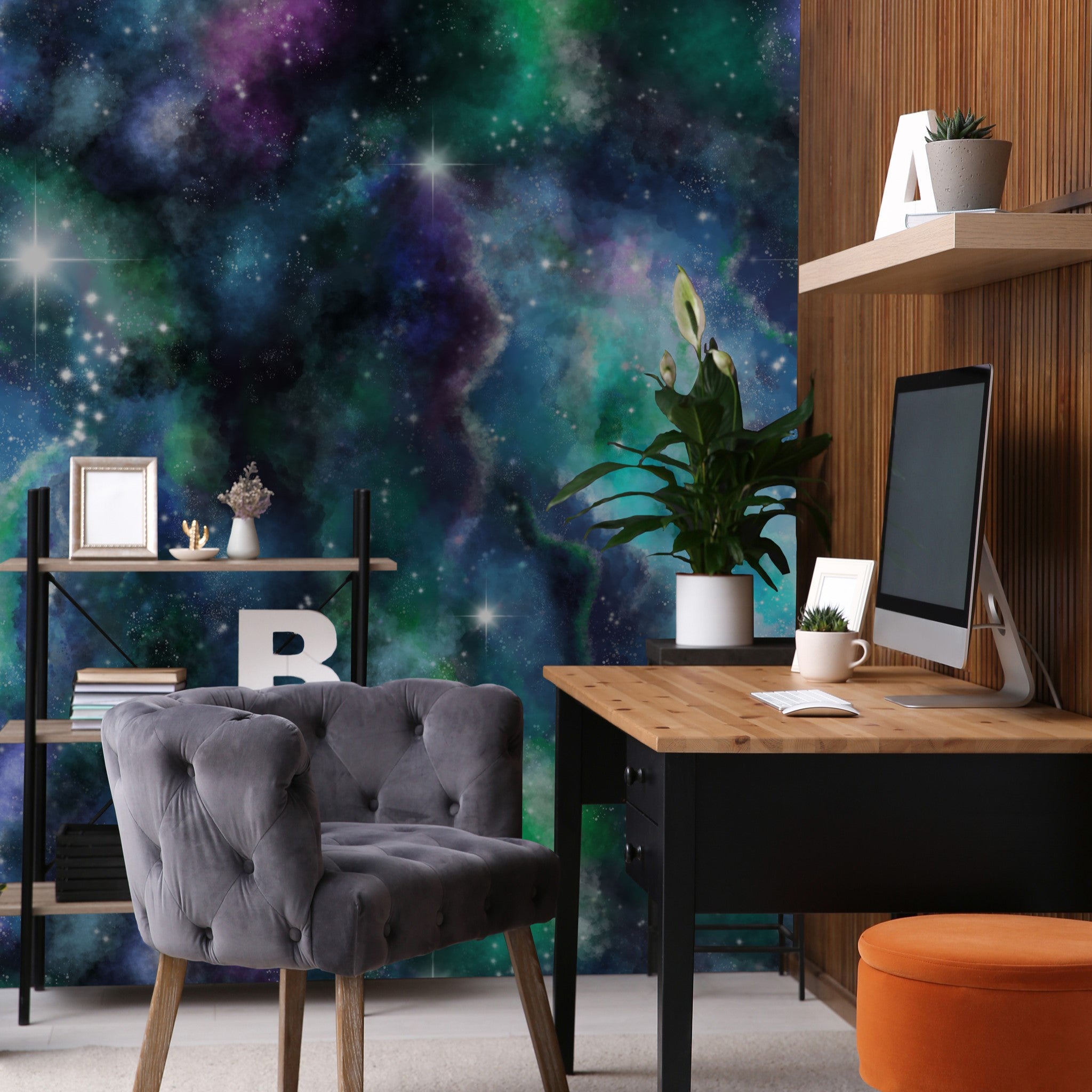 "Wall Blush Infinity Wallpaper enhancing a modern home office with cosmic design focus."