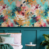 "Vibrant Zinnia Wallpaper by Wall Blush in cozy bedroom decor, with floral design as the focal point"