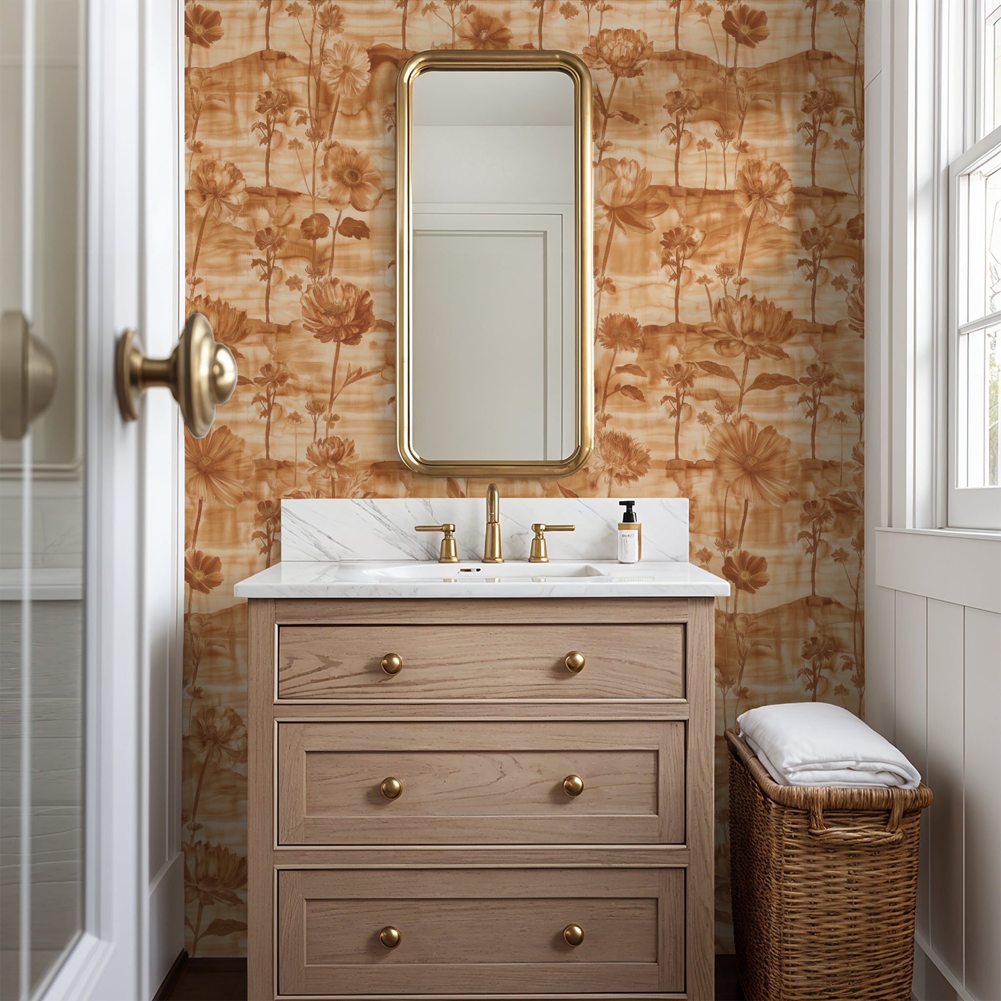 "Lavina (Rust) Wallpaper by Wall Blush in elegant bathroom, showcasing floral design with emphasis on wallpaper."