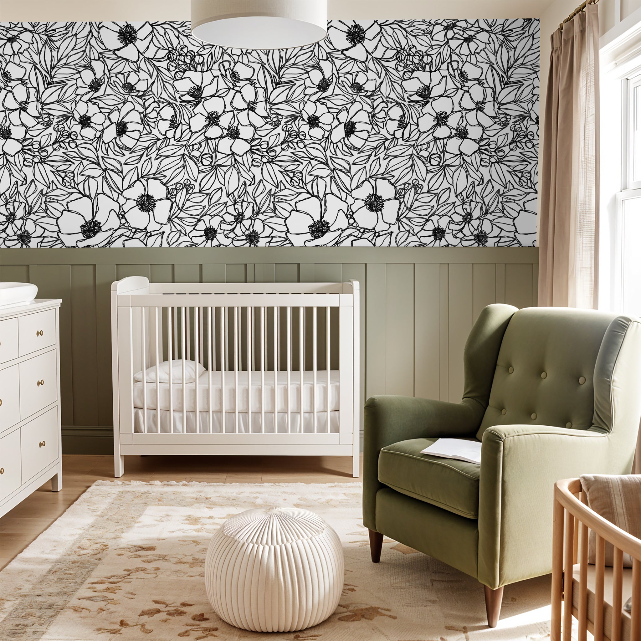 "Wall Blush's Inked Blossom Wallpaper in a stylish nursery, highlighting the elegant monochrome floral design."