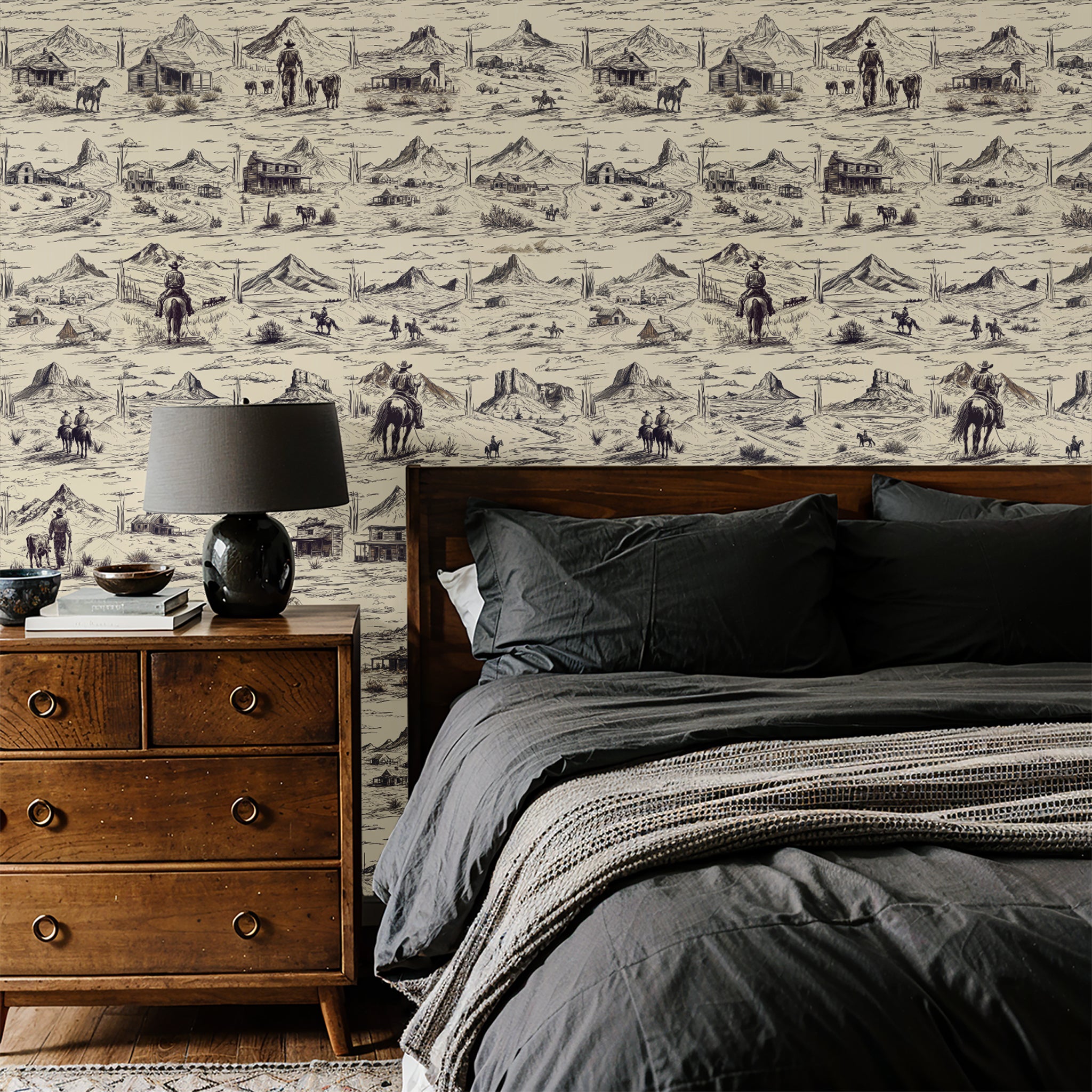 "Out West Wallpaper by Wall Blush featuring in a cozy bedroom, highlighting the decorative wall focus."