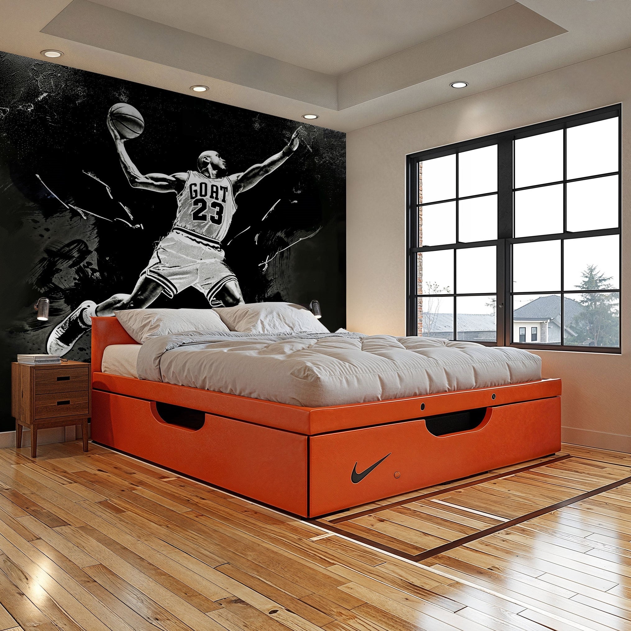 "Wall Blush's The GOAT Wallpaper featuring basketball imagery in a modern bedroom setting, accenting sports-themed decor."
