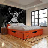 "Wall Blush's The GOAT Wallpaper featuring basketball imagery in a modern bedroom setting, accenting sports-themed decor."