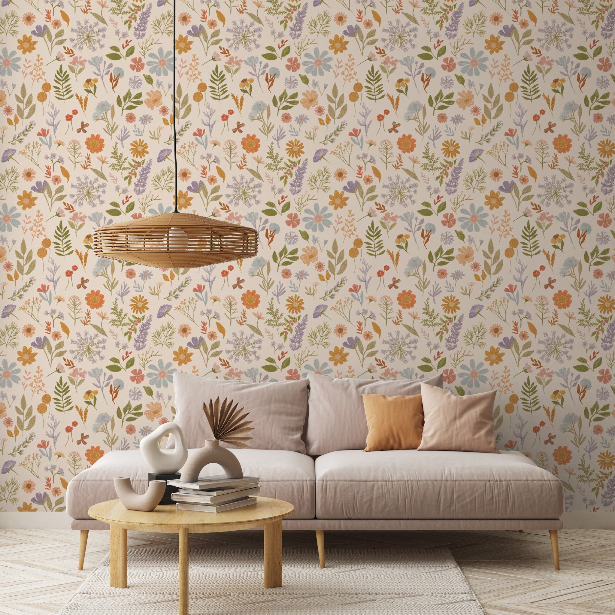 Lily's Field Wallpaper by Wall Blush in a cozy living room, vibrant floral pattern focus.