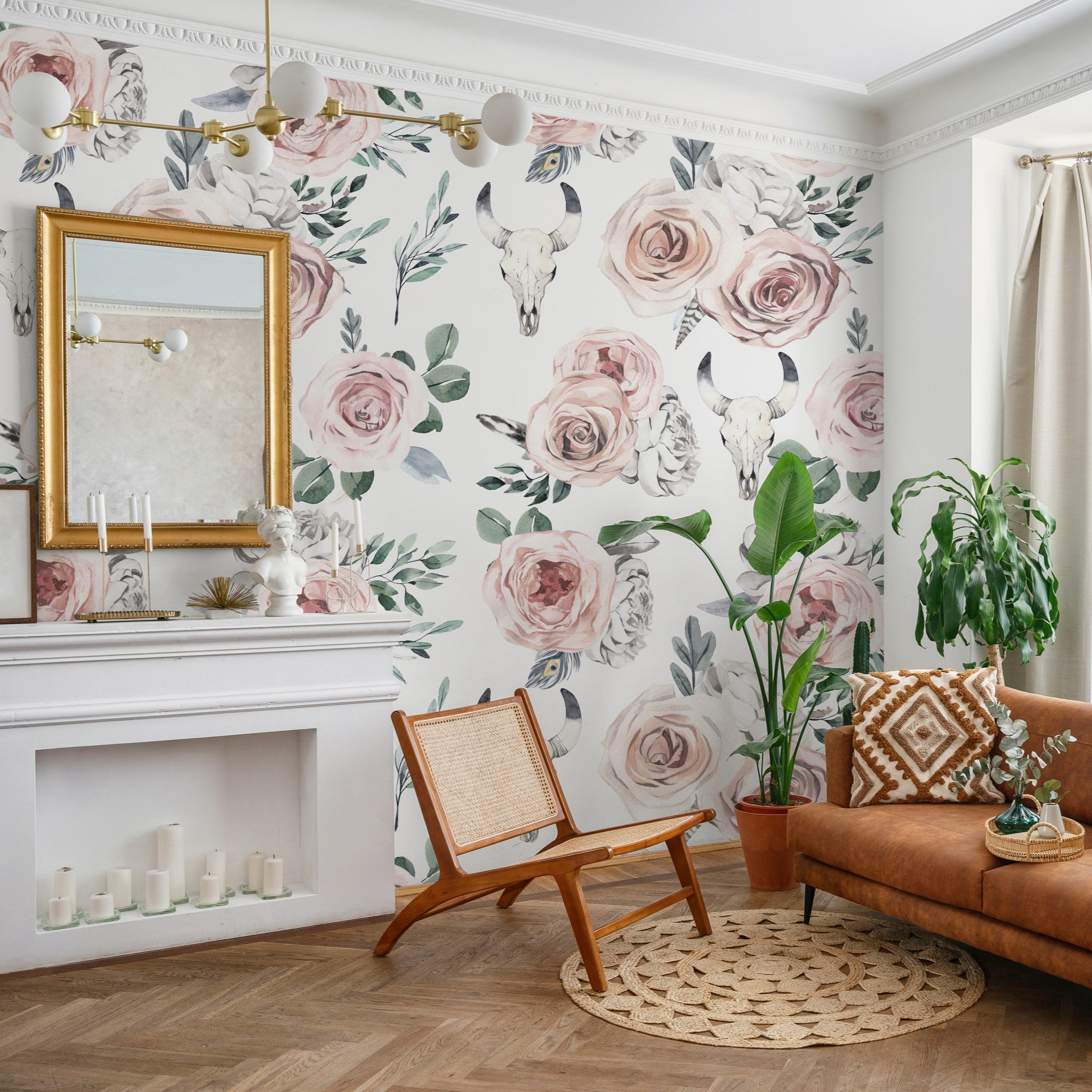 "Wall Blush's Nomad Wallpaper featured in stylish living room, highlighting floral design & decor."