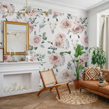 "Wall Blush's Nomad Wallpaper featured in stylish living room, highlighting floral design & decor."